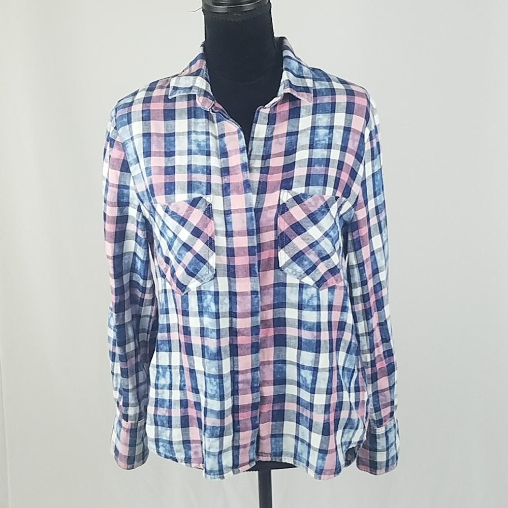 Cloth &‎ Stone S split back plaid button up blouse